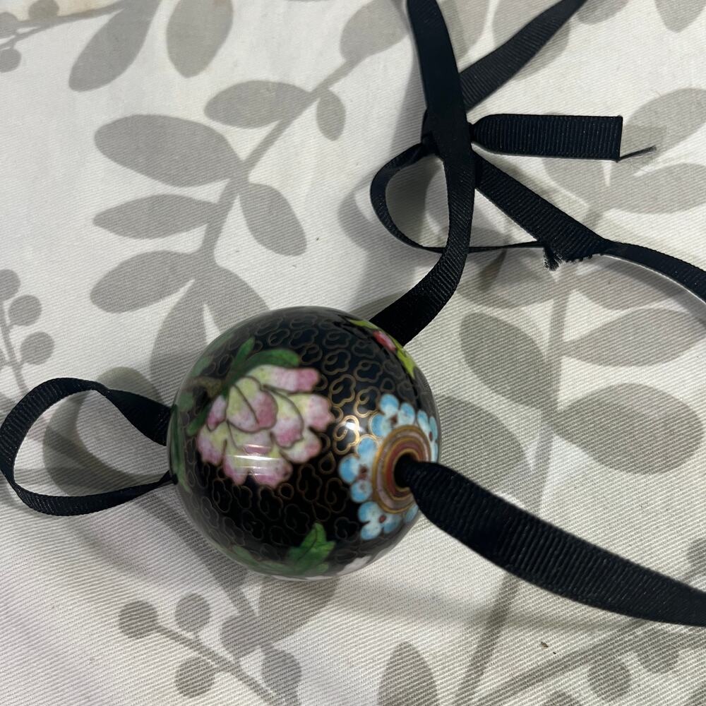 Vintage Cloisonné Curtain Tieback Ball Black Floral Enamel Drapery Acc Peony